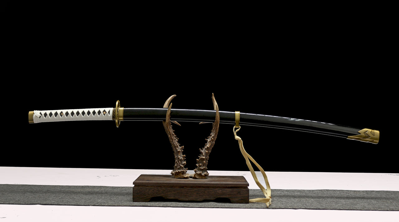 Sword on a wooden stand with a black background