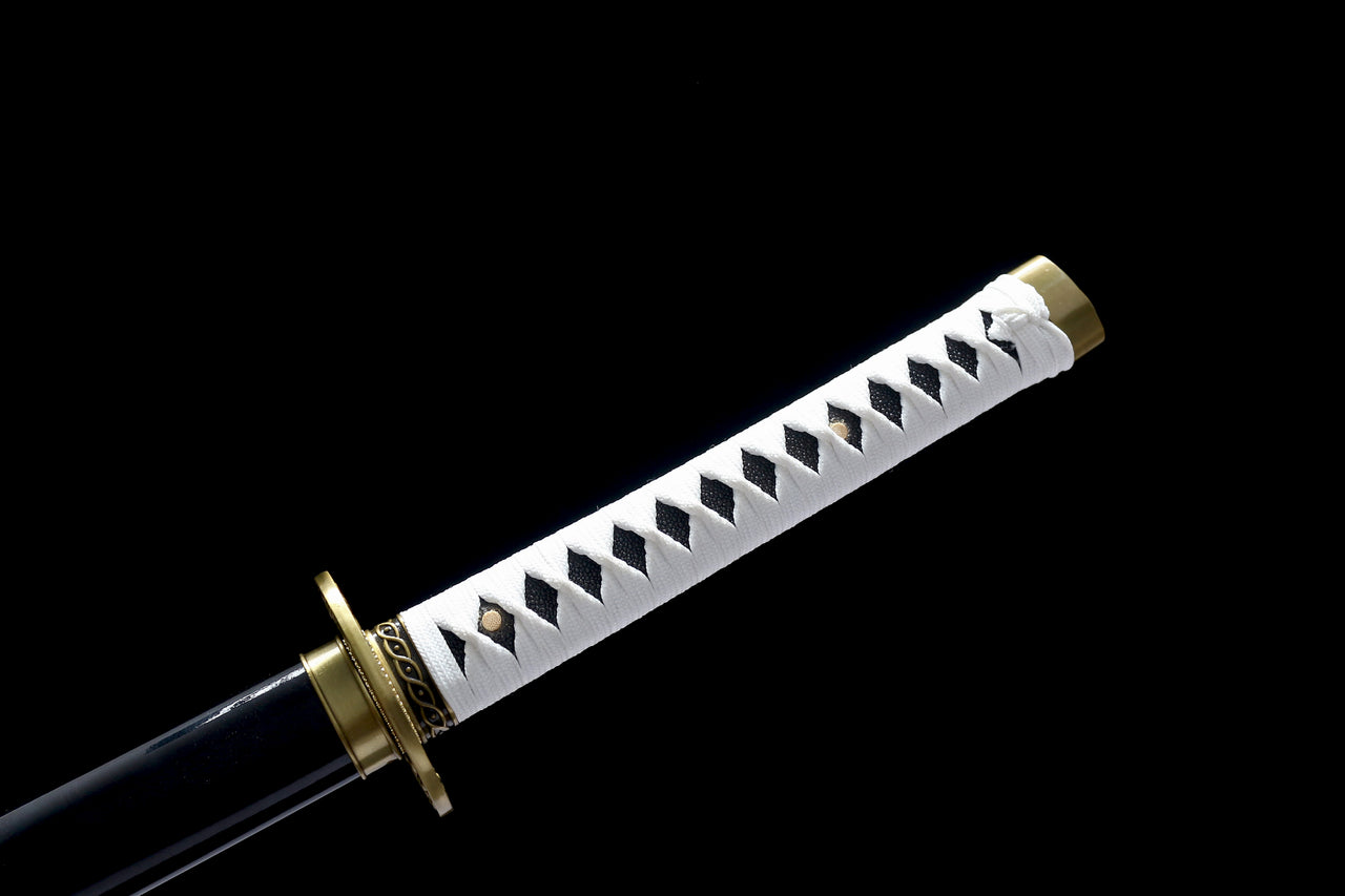 Sword with a white handle and gold accents on a black background